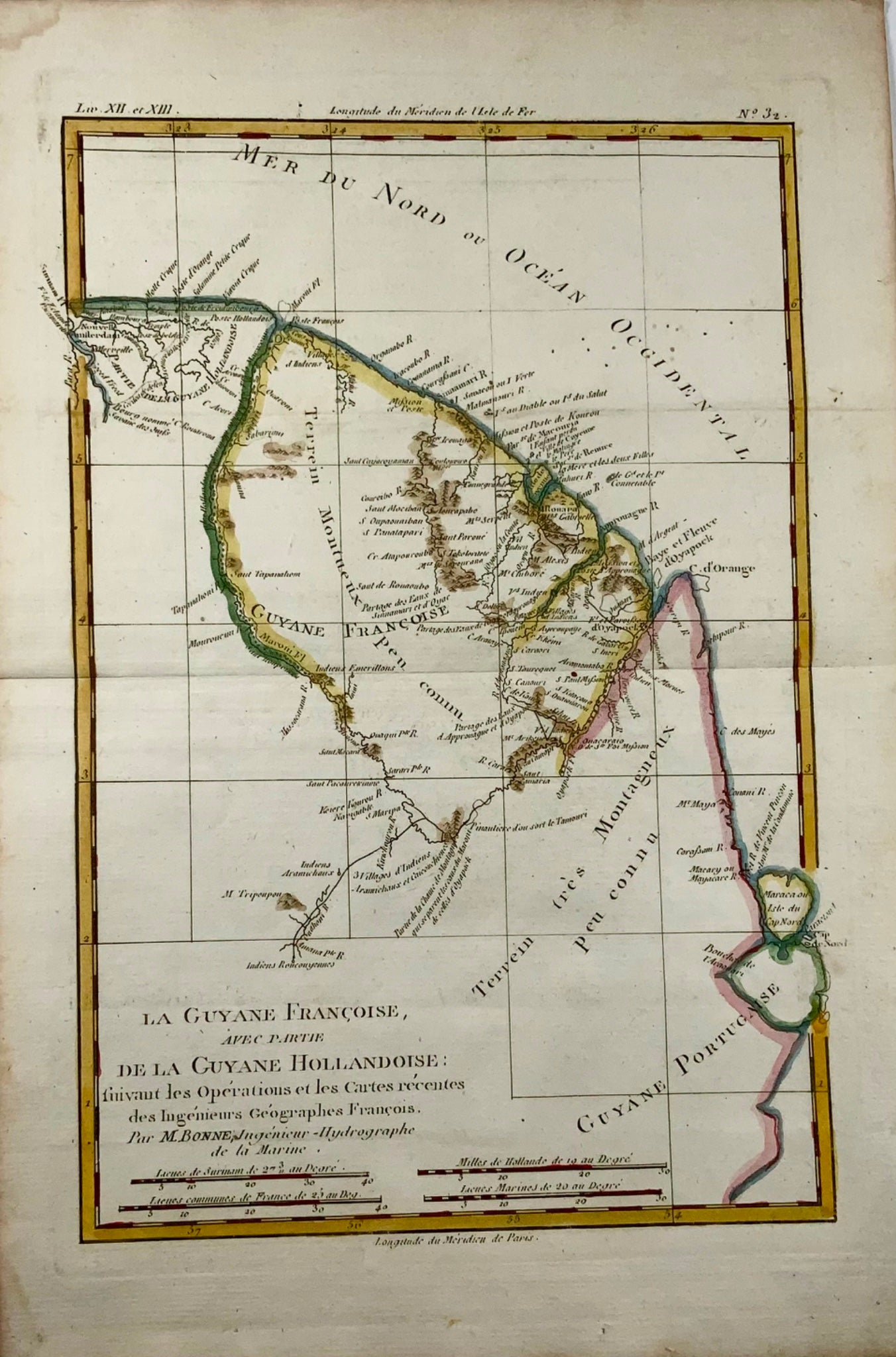 1780 Mappa del nord-est del Sud America, raffigurante la Guyana (Guyane), Bonne, 