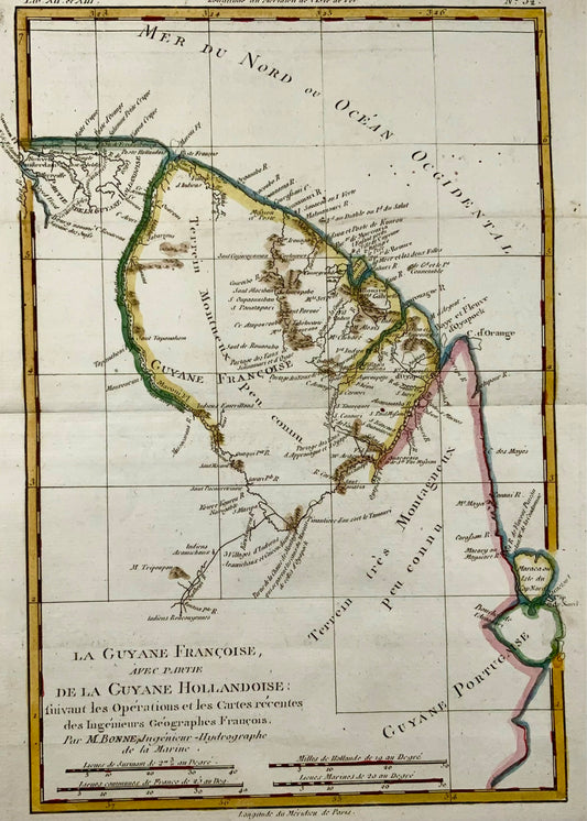1780 Mappa del nord-est del Sud America, raffigurante la Guyana (Guyane), Bonne, 