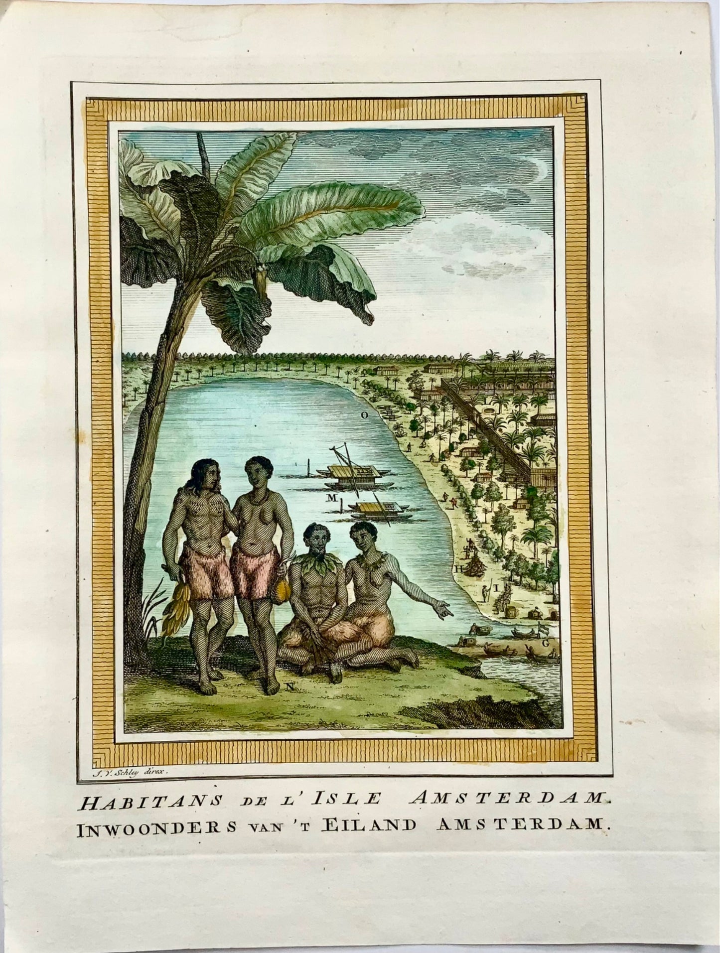1749 J. Von Schley, Nativi di Nuova Amsterdam, isola del Pacifico, topografia straniera