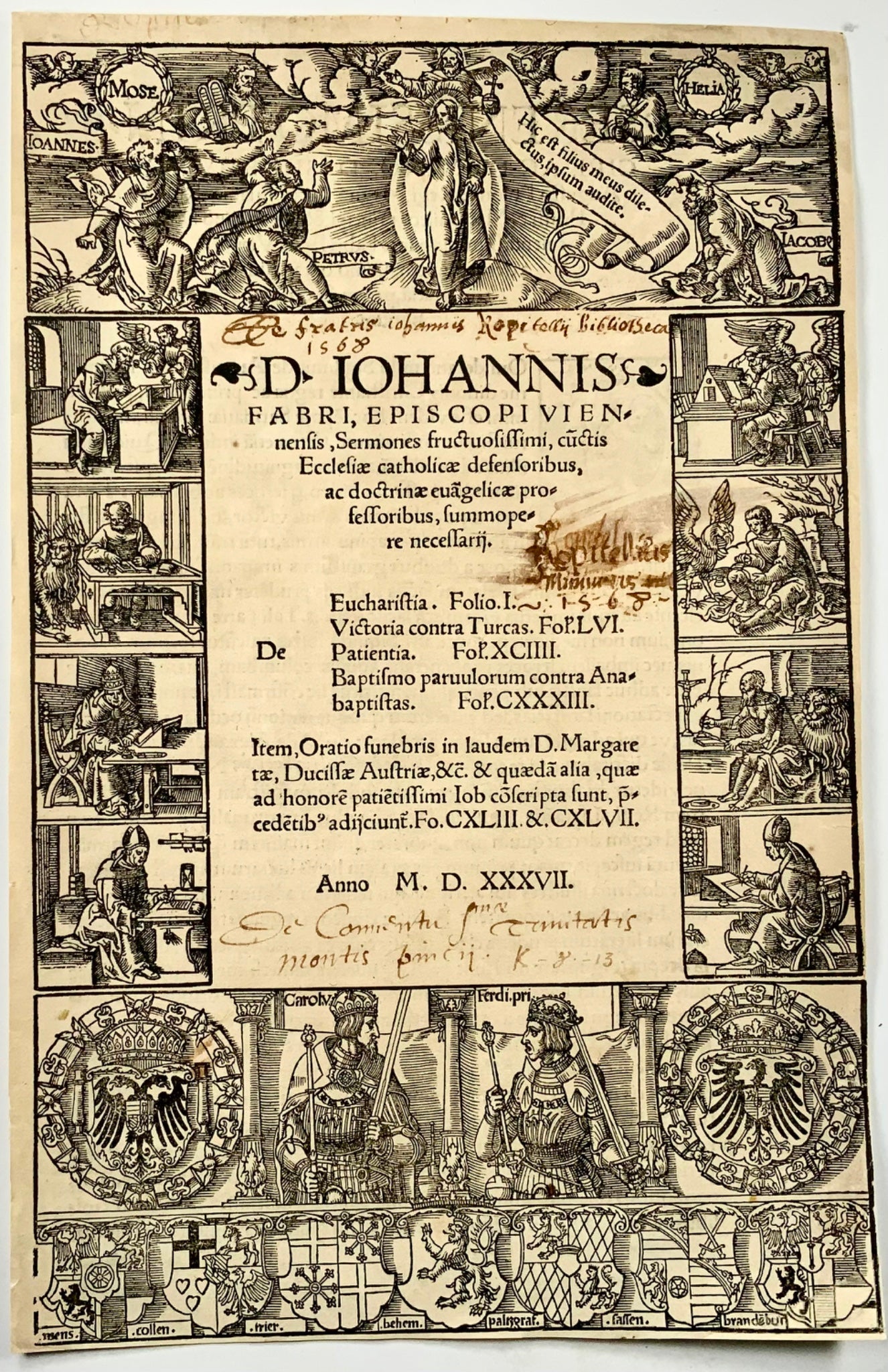 1537 Titolo xilografico, Anton Woensam, bordo xilografico illustrato, Faber, religione
