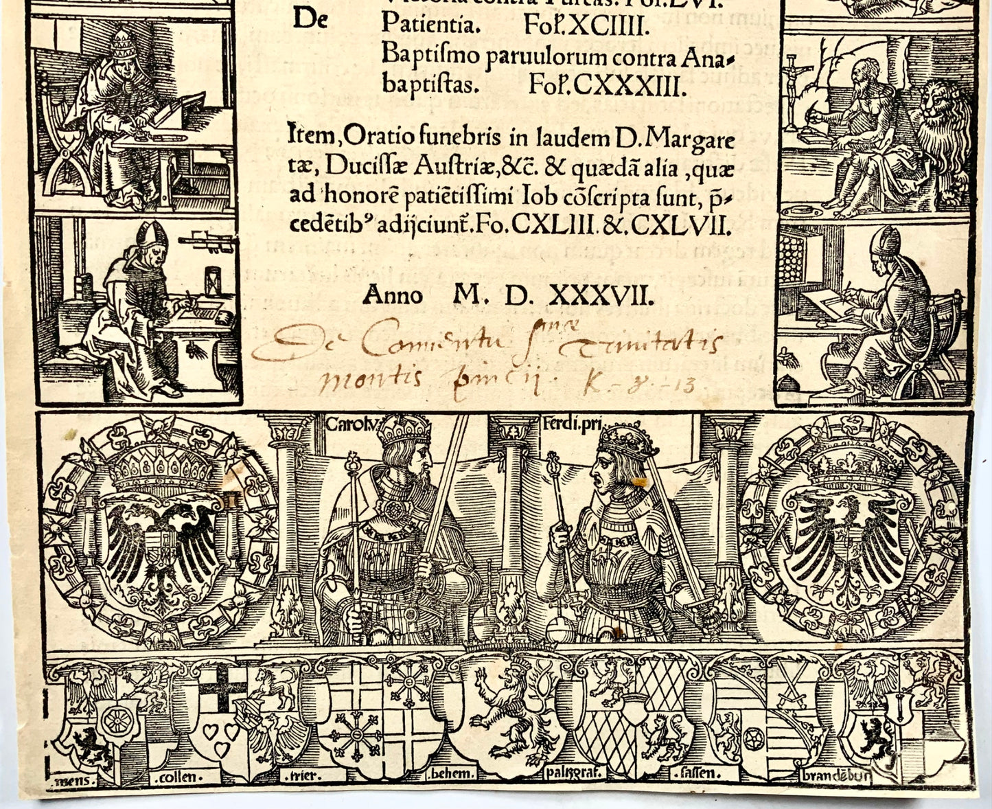 1537 Titre de gravure sur bois, Anton Woensam, bordure gravée sur bois illustrée, Faber, religion