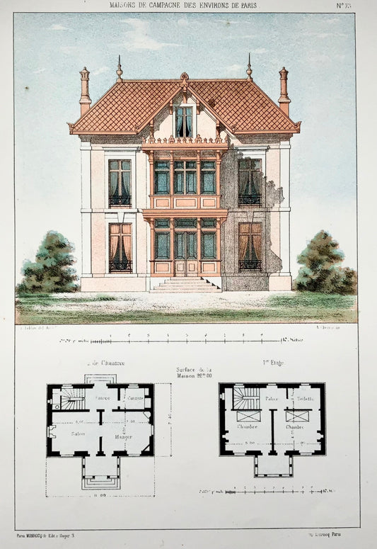 1855 Villa di campagna, Leblan, foglio originale colorato a mano e litografia a colori, architettura, iv