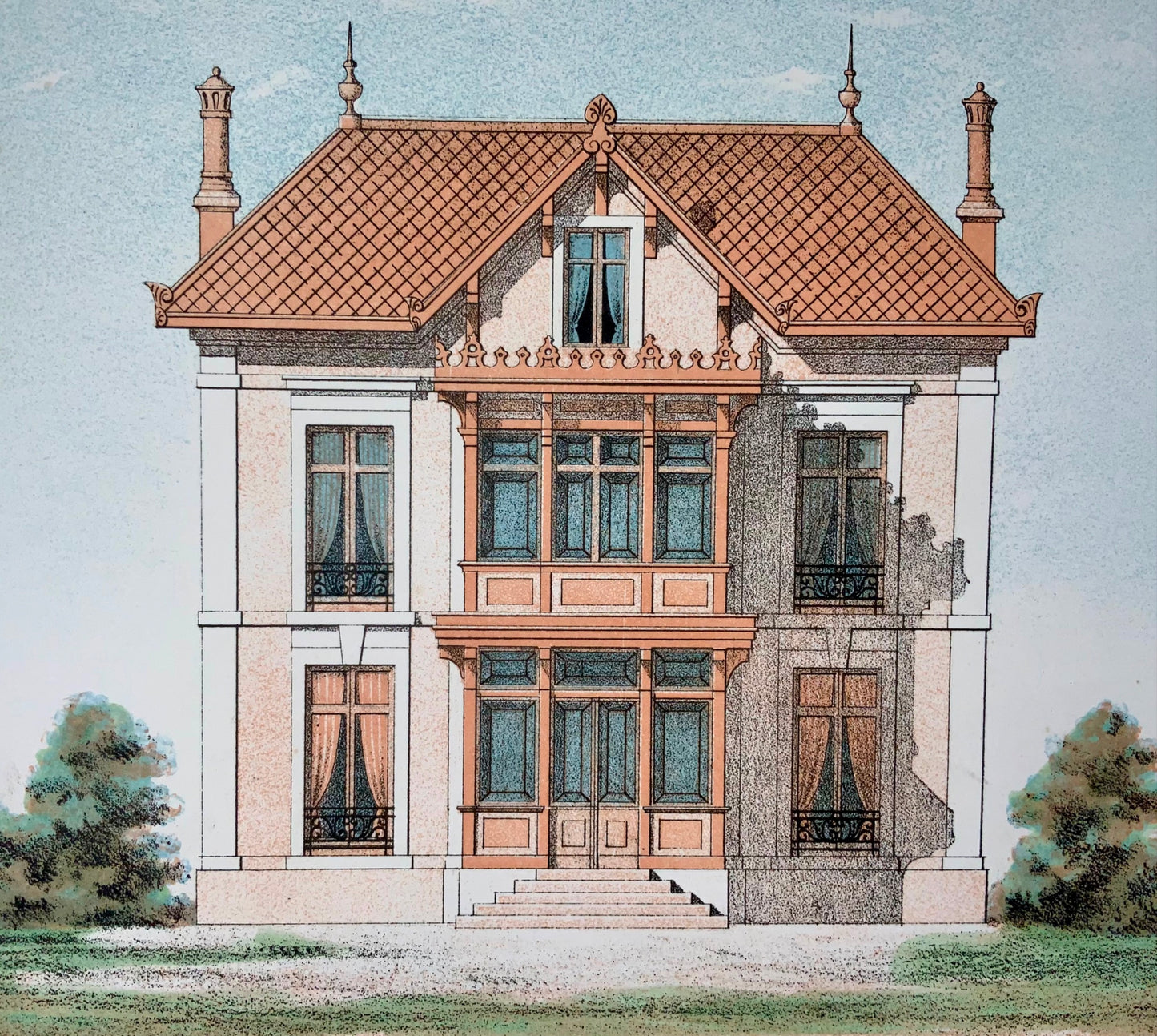 1855 Villa di campagna, Leblan, foglio originale colorato a mano e litografia a colori, architettura, iv