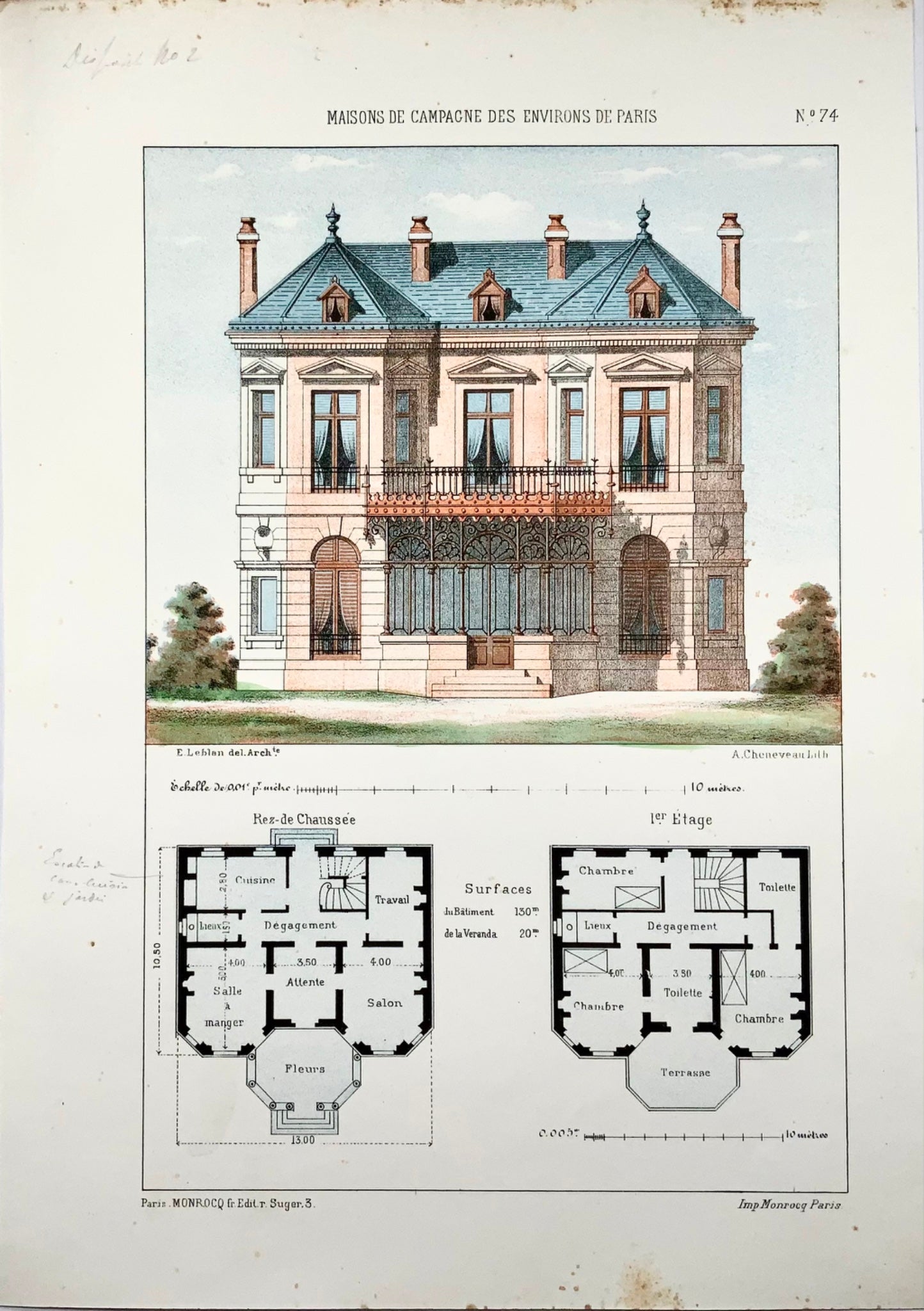 Villa di campagna del 1855, Leblan, foglio originale colorato a mano e litografia a colori, architettura