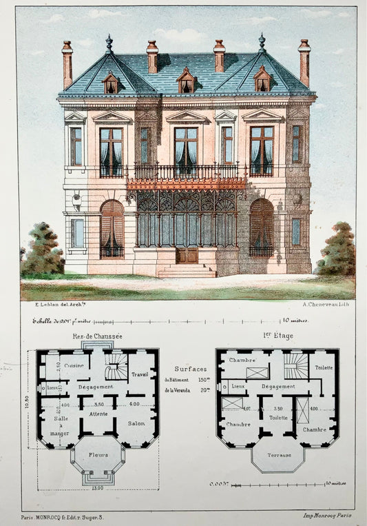 1855 Country Villa, Leblan, original folio hand-colored & colour lithograph, architecture