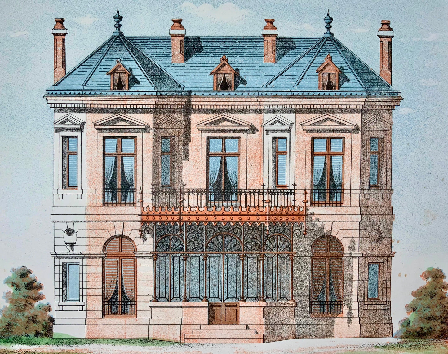 Villa di campagna del 1855, Leblan, foglio originale colorato a mano e litografia a colori, architettura