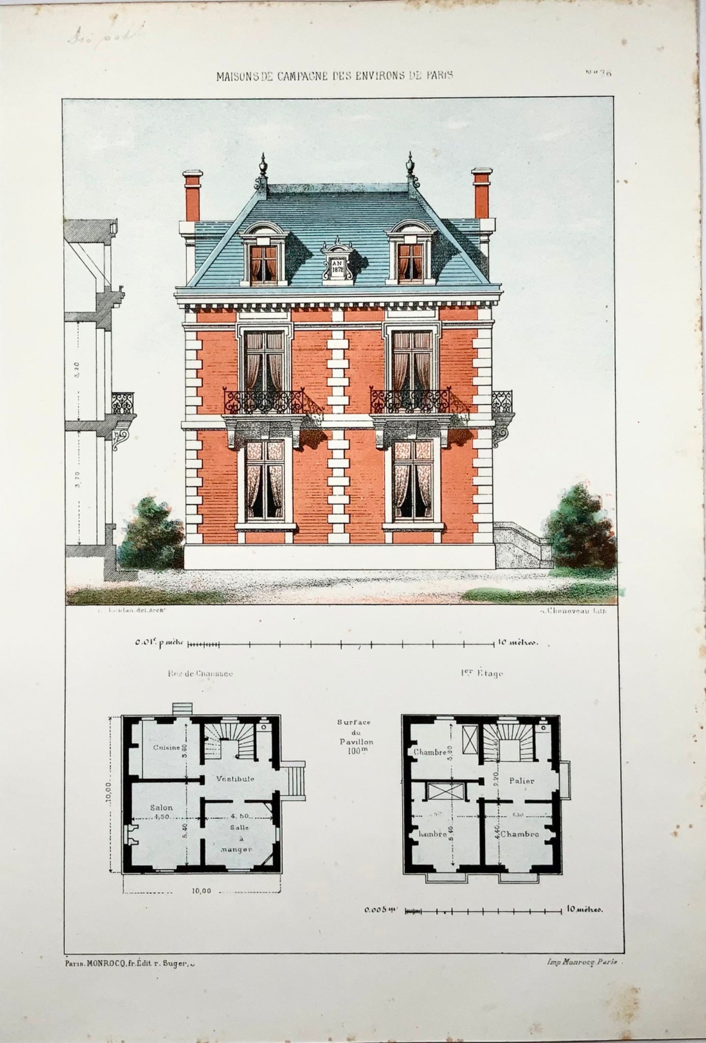 1855 Villa di campagna, Leblan, foglio originale colorato a mano e litografia a colori, architettura, ii