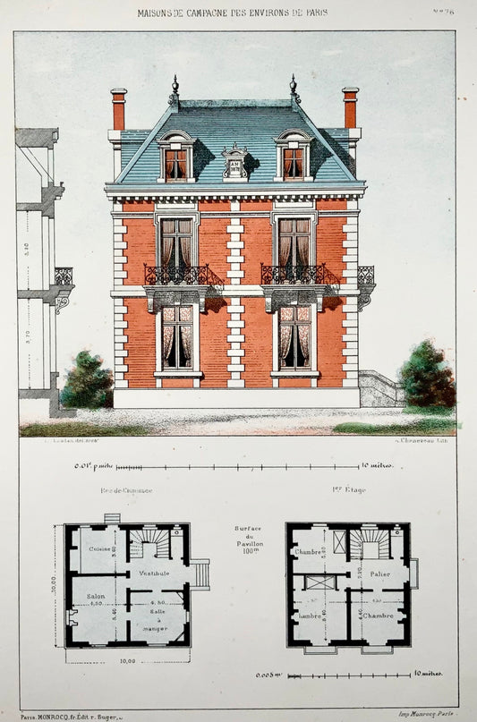 1855 Villa di campagna, Leblan, foglio originale colorato a mano e litografia a colori, architettura, ii