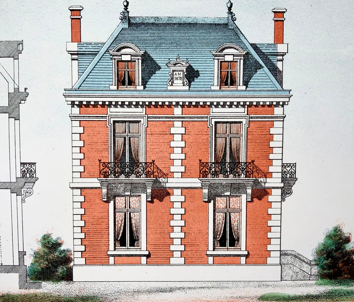 1855 Country Villa, Leblan, folio original colorié à la main et lithographie en couleurs, architecture, ii