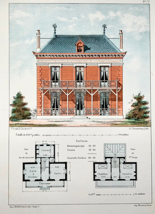 1855 Country Villa, E. Leblan, folio original colorié à la main et lithographie couleur, architecture