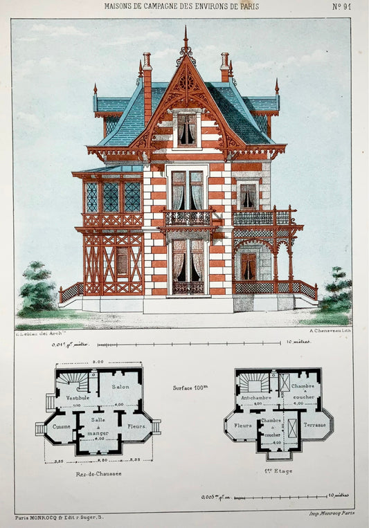 1855 Country Villa, E. Leblan, original folio hand-colored & colour lithograph, architecture