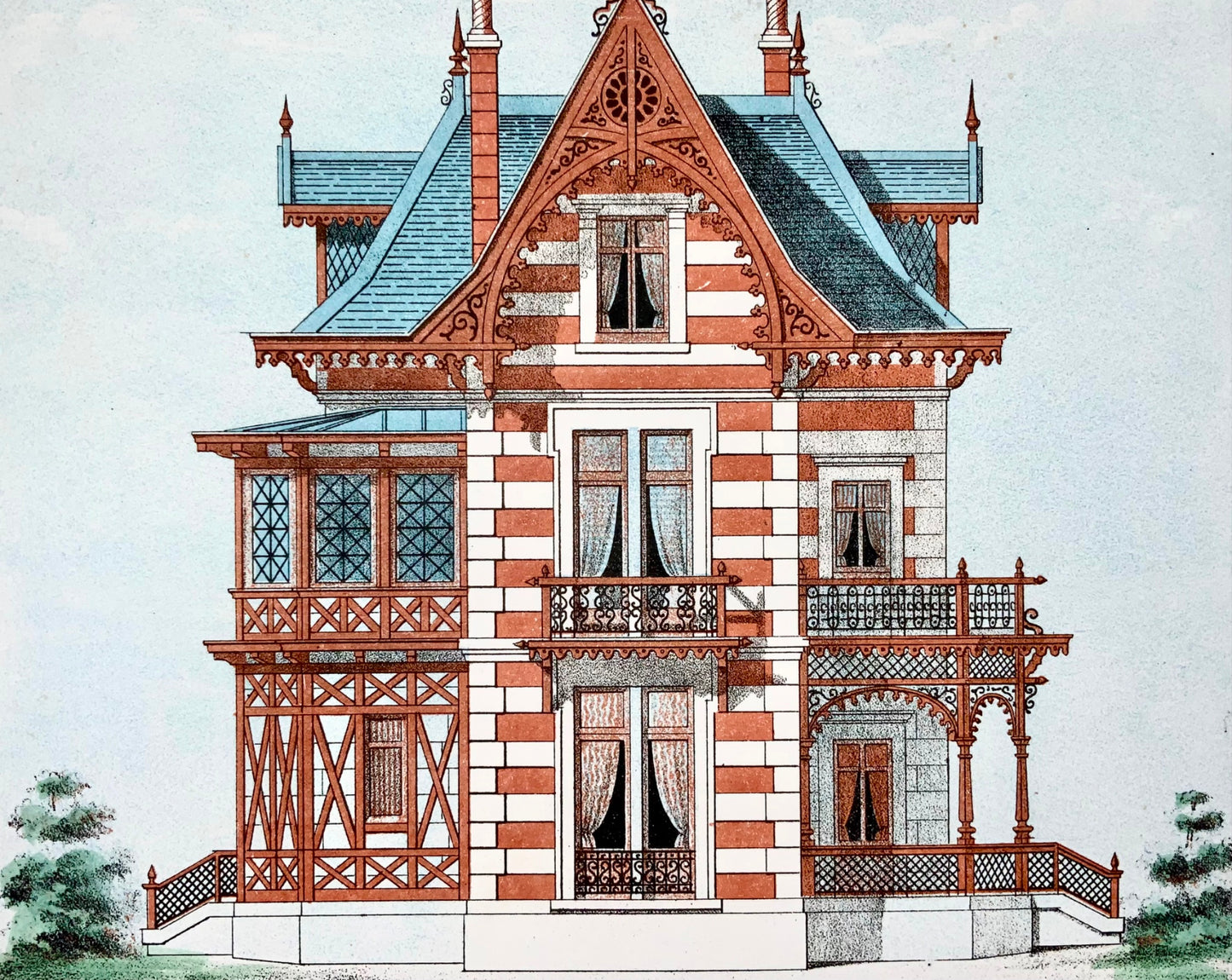 1855 Villa di campagna, E. Leblan, foglio originale colorato a mano e litografia a colori, architettura