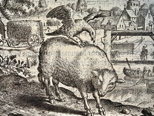 1617 Gheeraerts, incisione magistrale, Esopo: il corvo e la pecora, favola