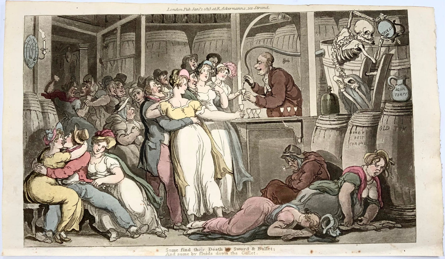 1814 Bevanda malvagia, alcolismo, Rowlandson, Danza macabra, caricatura, acquatinta