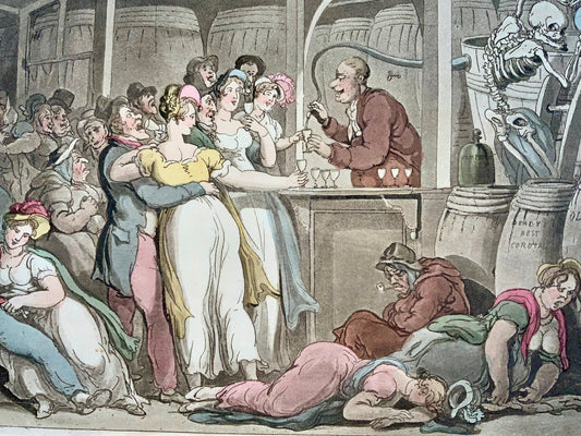 1814 Bevanda malvagia, alcolismo, Rowlandson, Danza macabra, caricatura, acquatinta