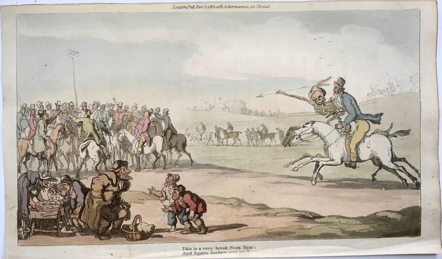 1814 Corsa di cavalli, Rowlandson, Danza macabra, caricatura, acquatinta