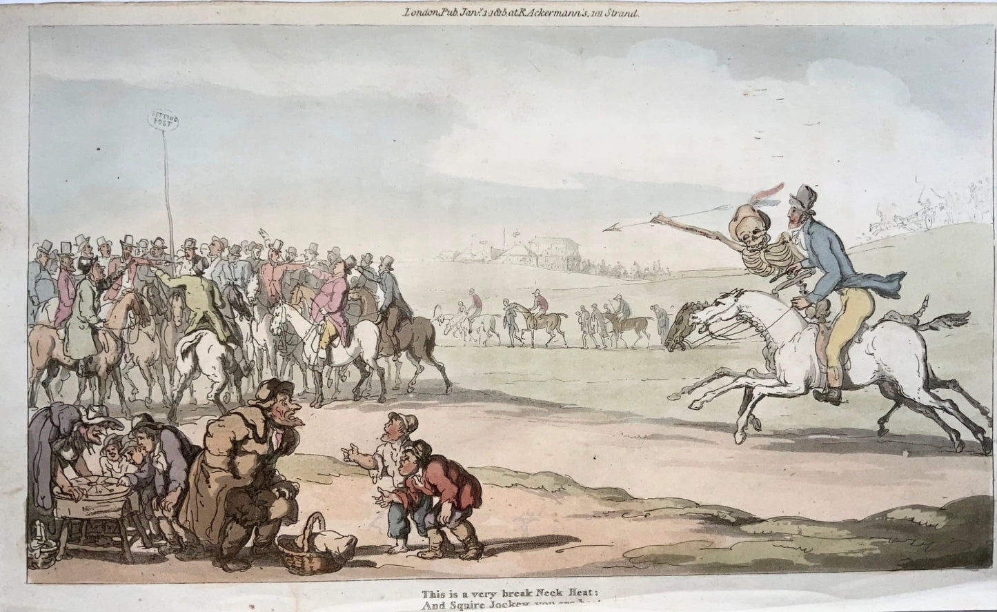 1814 Corsa di cavalli, Rowlandson, Danza macabra, caricatura, acquatinta