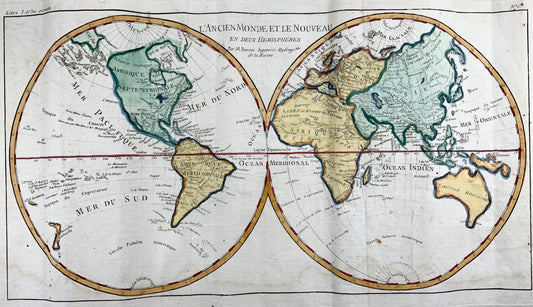 1780 Bonne, double hemisphere world map, hand coloured