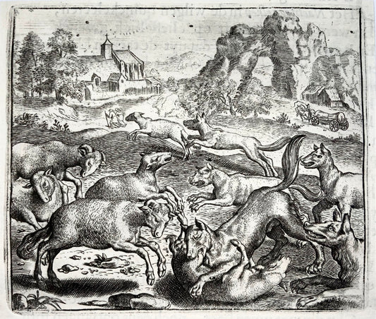 1617 Gheeraerts, Master Engraving, Aesop: Wolves & the Sheep, Fable