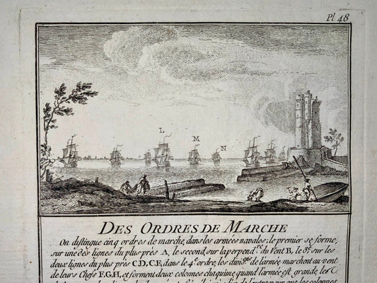 1770 Navires de guerre, galion, ordre de bataille, Ozanne, gravure sur cuivre, couleur à la main