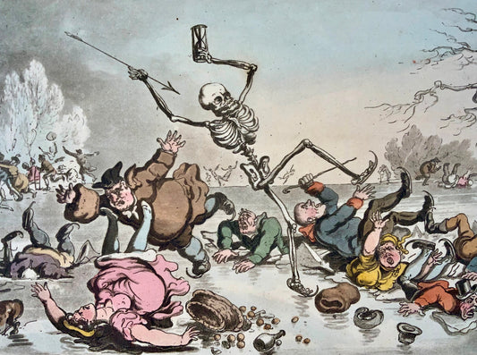 1814 Ice Skating, Rowlandson, Dance of Death, caricature, aquatint