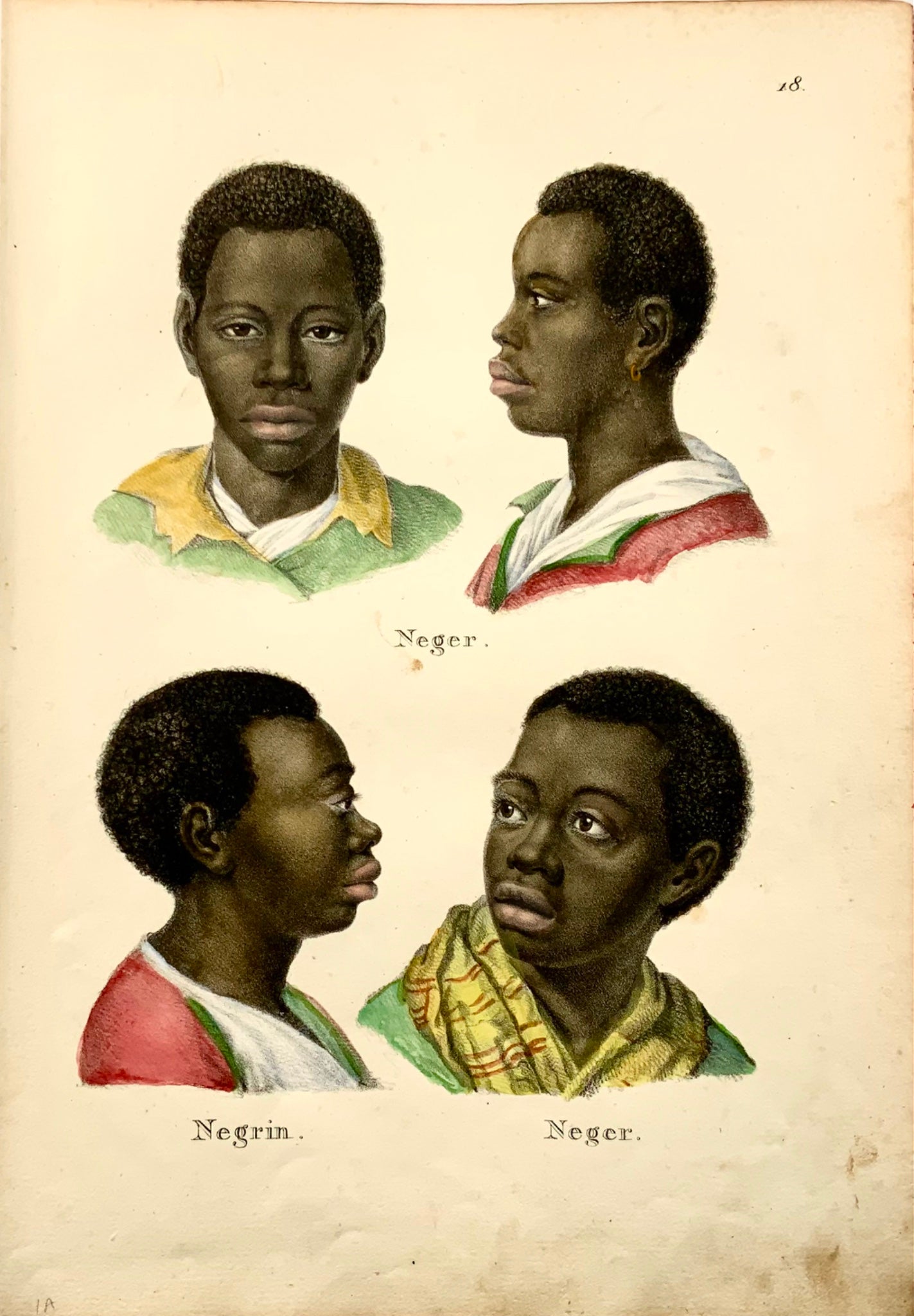 1824 Nativi africani, schiavi, KJ Brodtmann, col. a mano, litografia, etnologia