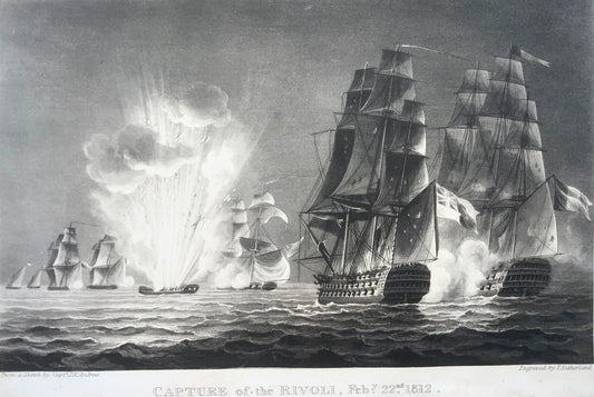 1820 Sutherland, Capture du Rivoli, 1812, maritime, navire, aquatinte