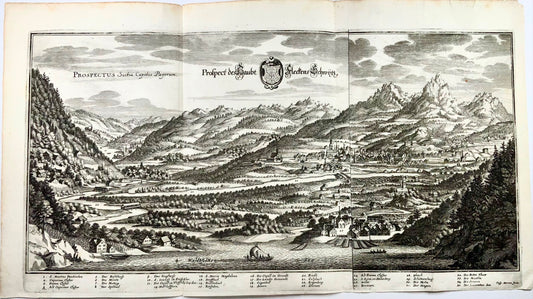 1654 M. Merian, Panorama da Brunnen verso Svitto, Mythen, Svizzera 