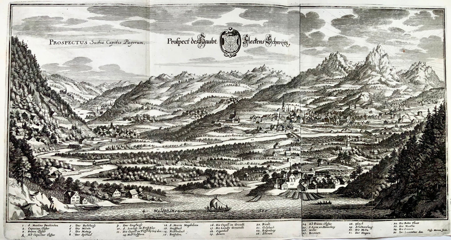 1654 M. Merian, Panorama da Brunnen verso Svitto, Mythen, Svizzera 