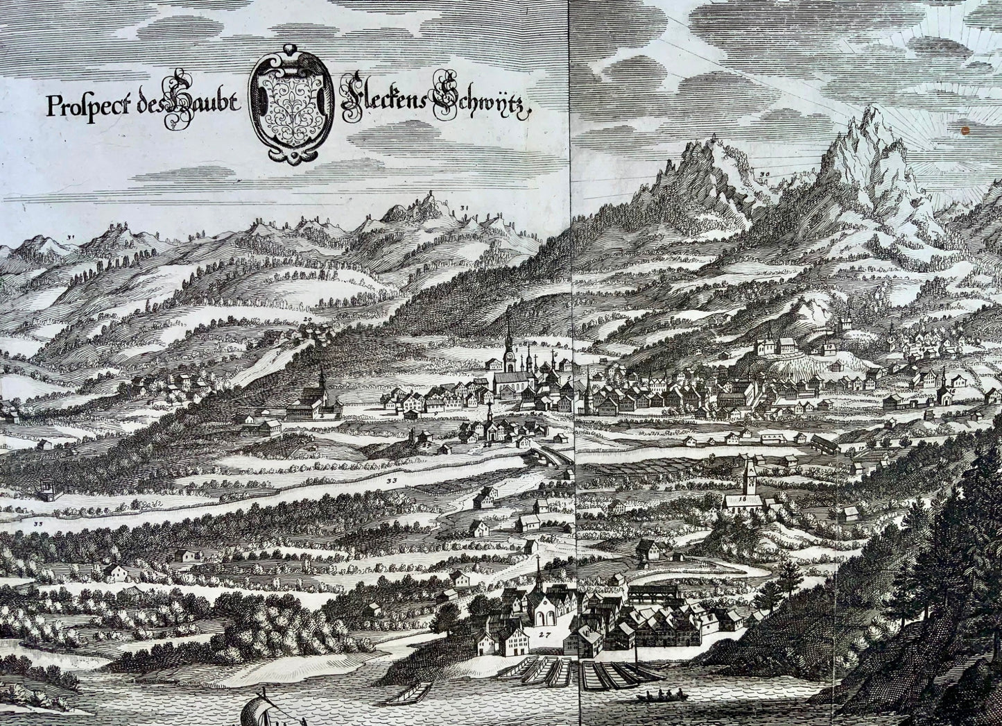 1654 M. Merian, Panorama from Brunnen towards Schwyz, Mythen, Switzerland