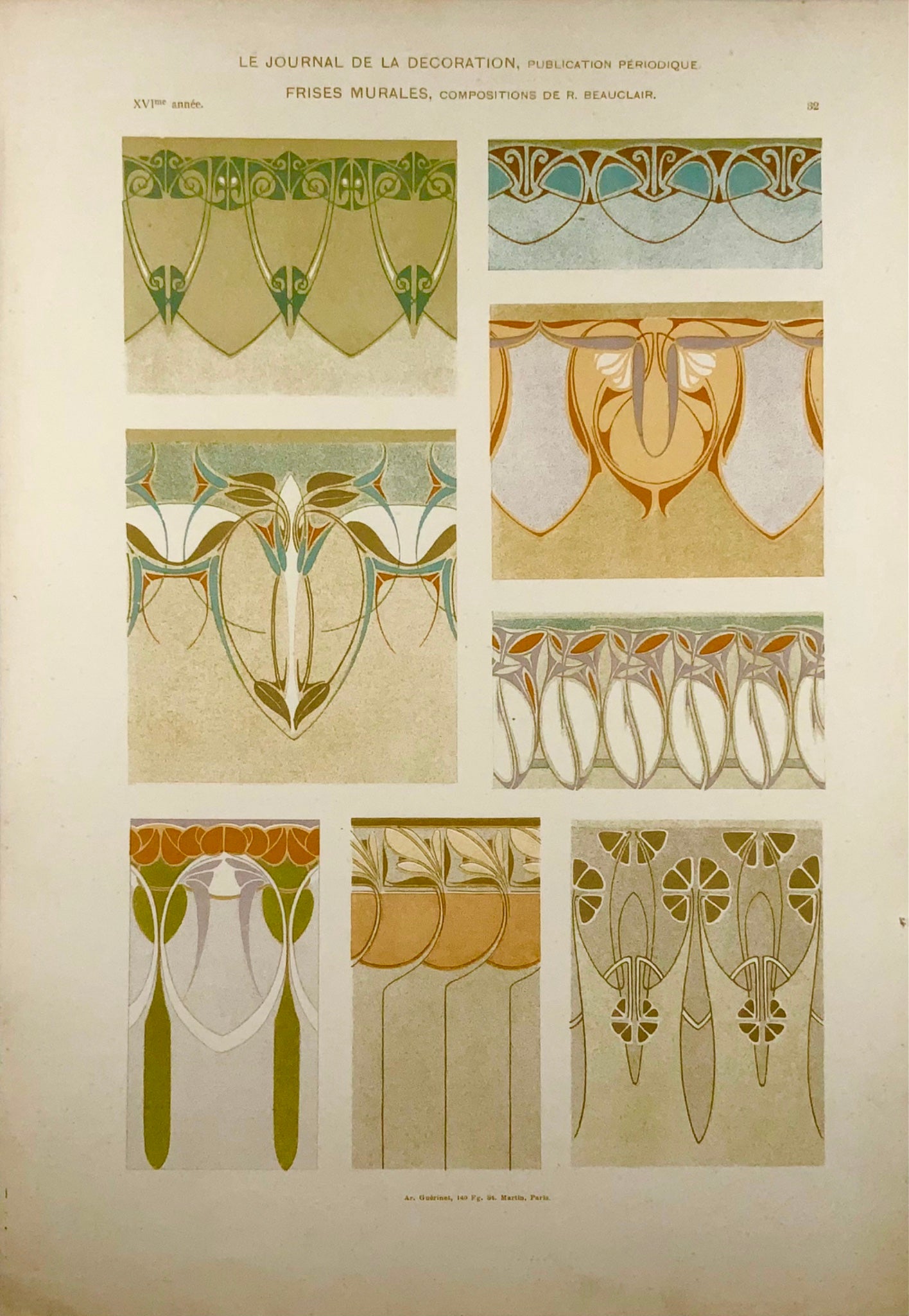 1895 Murales, fregio, decorazione, art nouveau, folio, paesaggio floreale, art