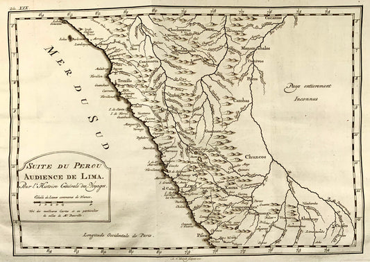 1756 Carte d'Anville de la côte du Pérou par Bellin, incluant Lima