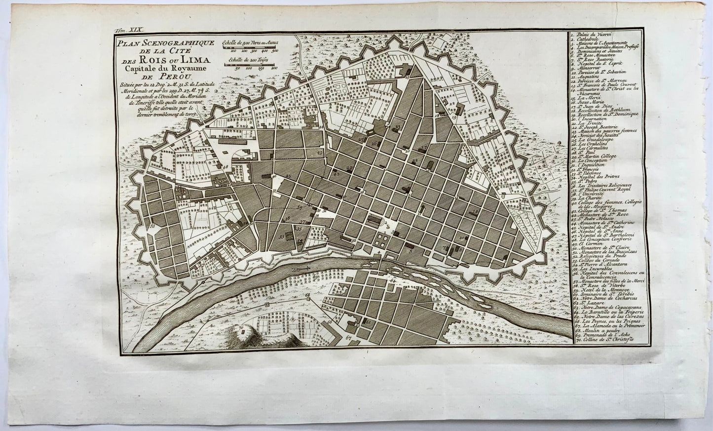 1751 Plan de la ville de Lima avant le grand tremblement de terre, Pérou 