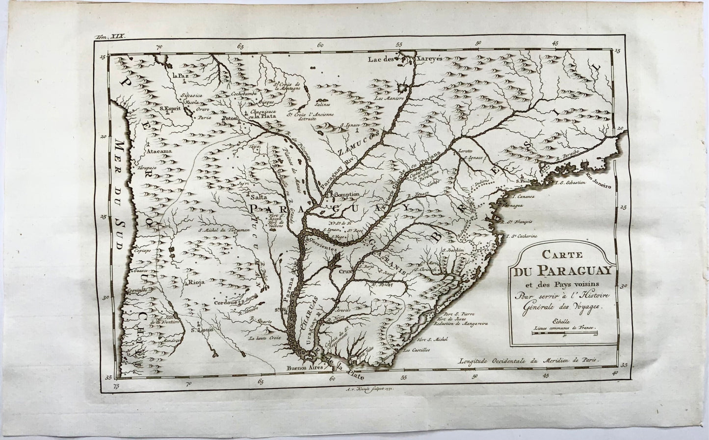 1771 Bellin, Carte du Paraguay, [ Brasile, Perù, Cile, Uruguay ] mappa 
