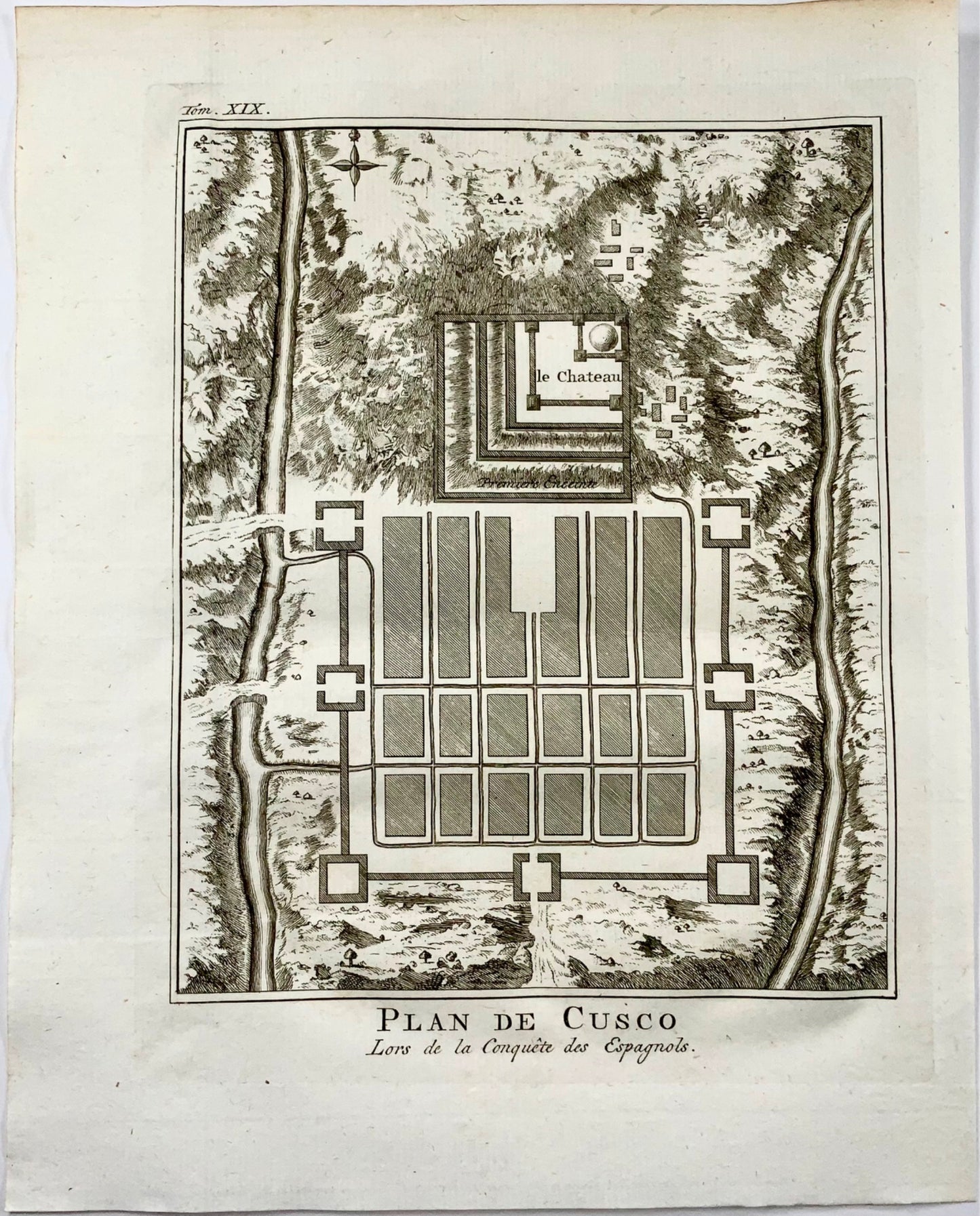 1756 "Piano di Cusco". Pianta della città di Cusco, Perù, mappa 