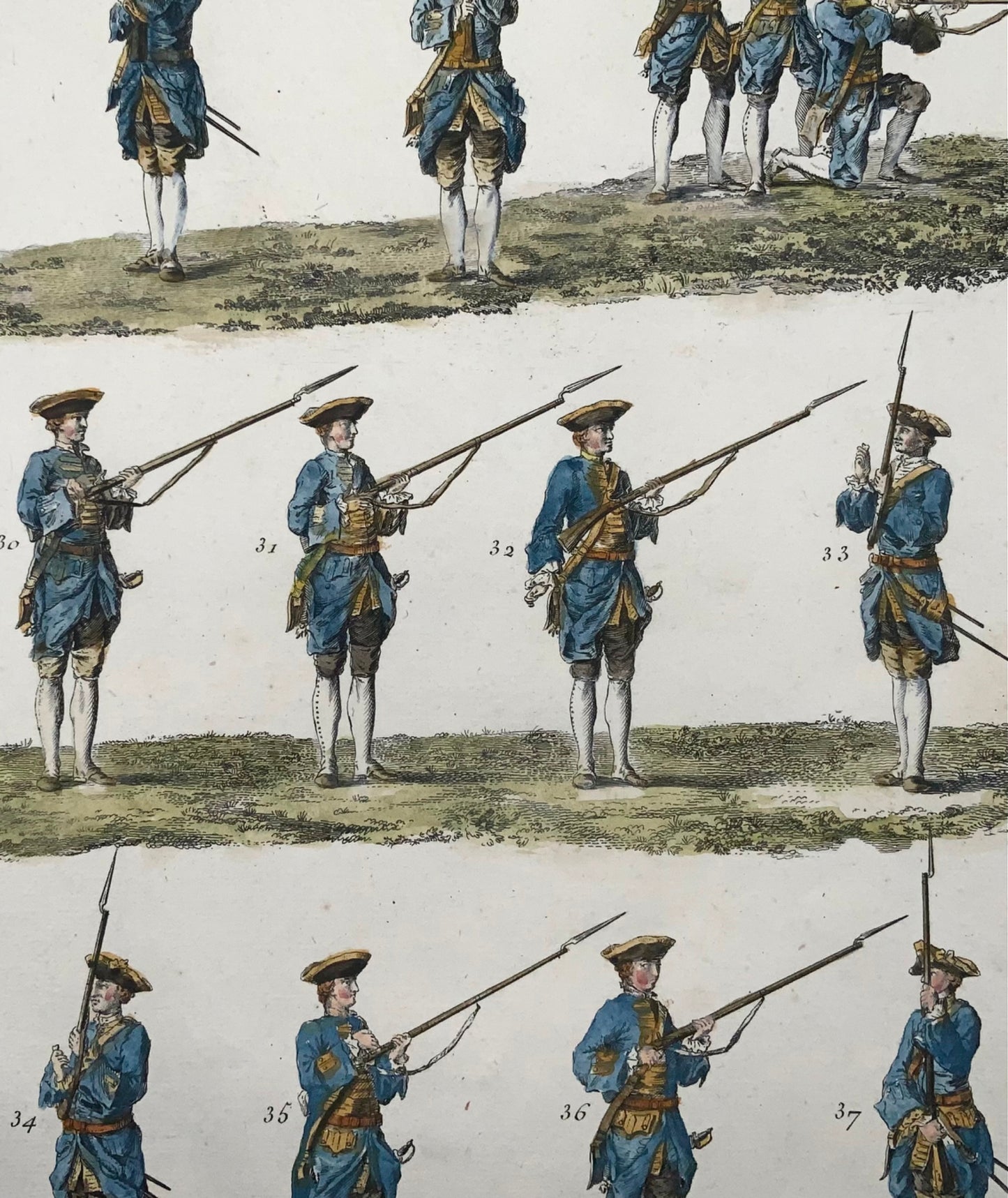 1777 Esercizi di fanteria, grande foglio, colorato a mano, Diderot, militare
