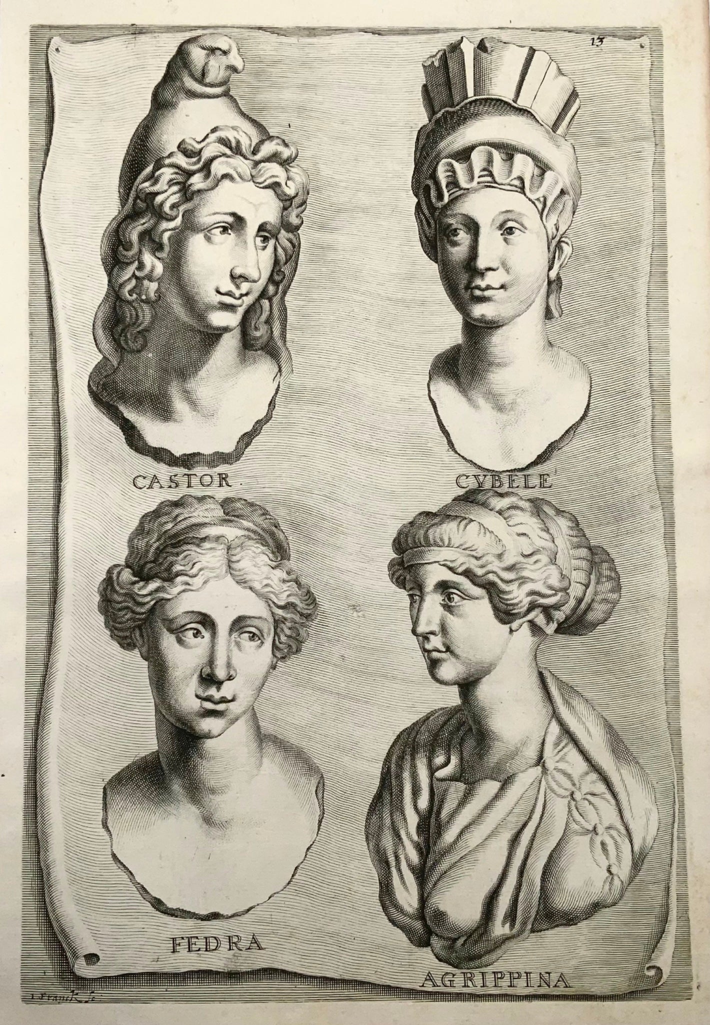 1676 Castore, Cibele, Fedora, Agrippina, Franck secondo Sandrart, incisione su foglio, mitologia 