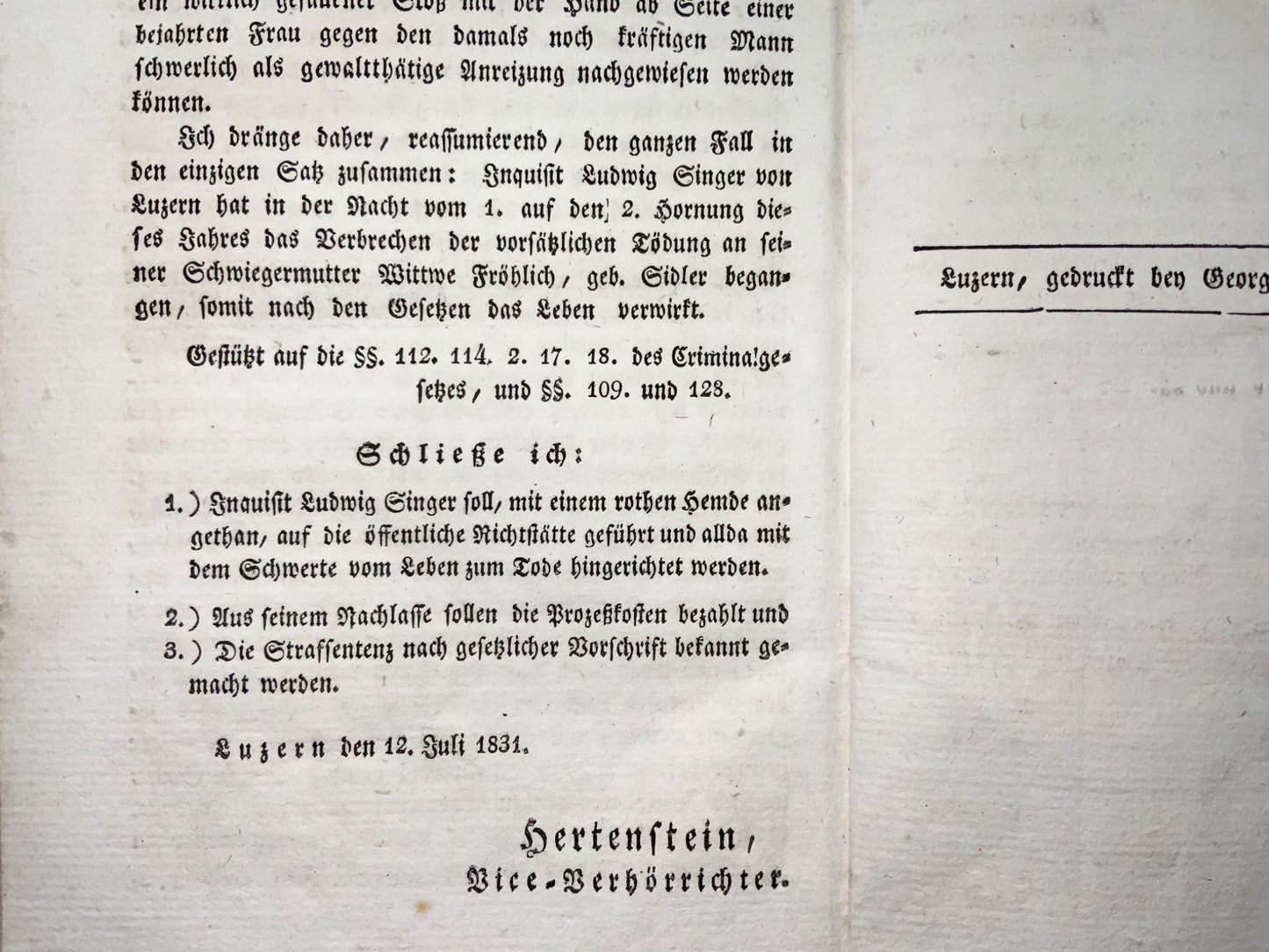 1844 Execution, public accusation of murder, Ludwig Singer, Lucerne Switzerland