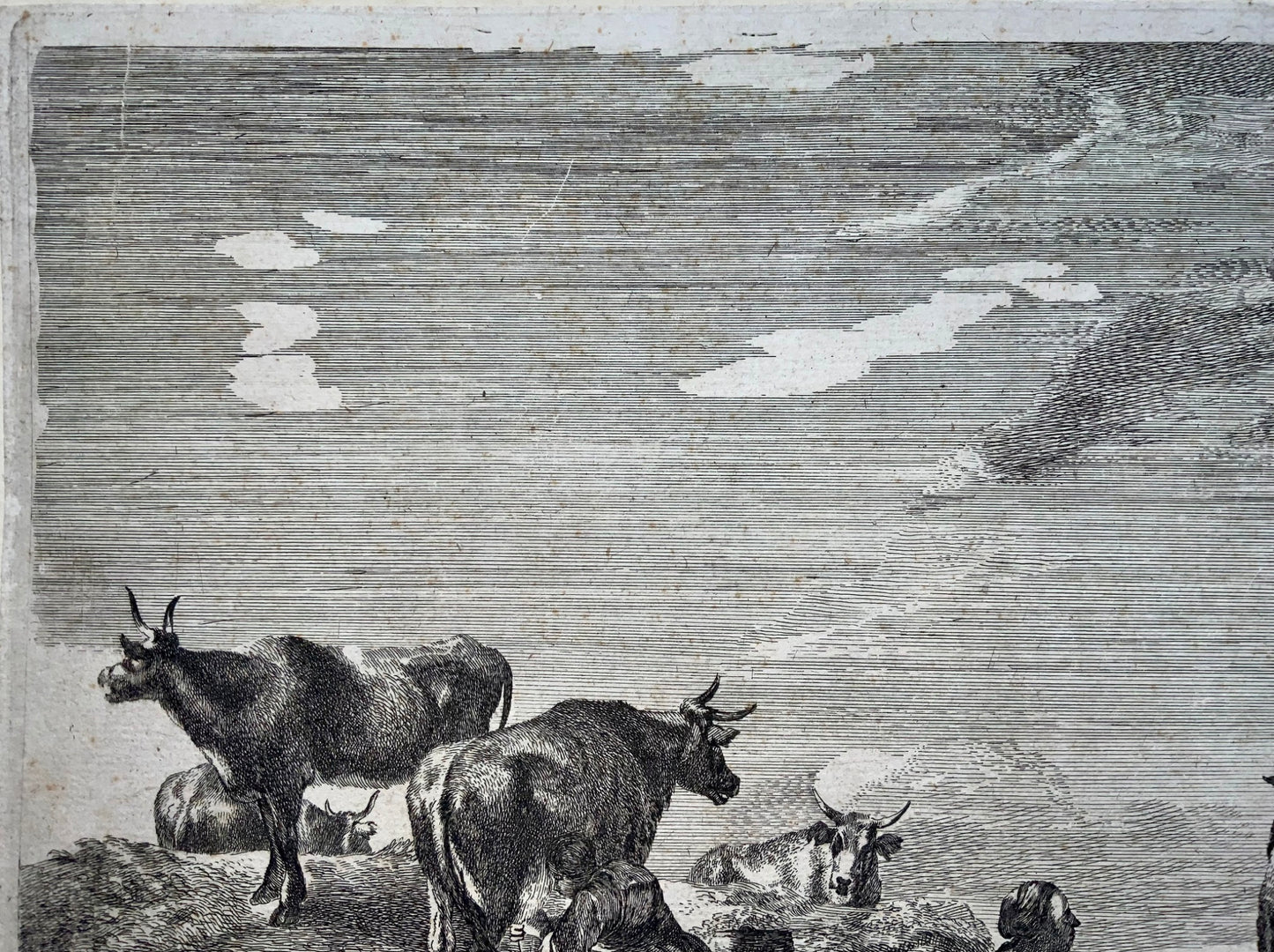 1670c Berchem, grande eau-forte, cavalier faisant l'aumône à un garçon, art classique