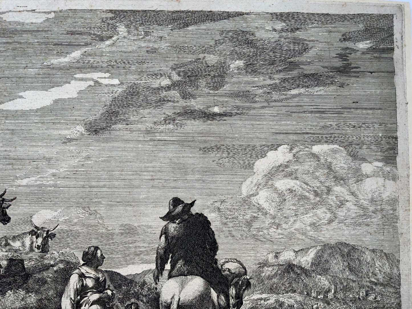 1670c Berchem, grande acquaforte, cavaliere che fa l'elemosina a un ragazzo, arte classica