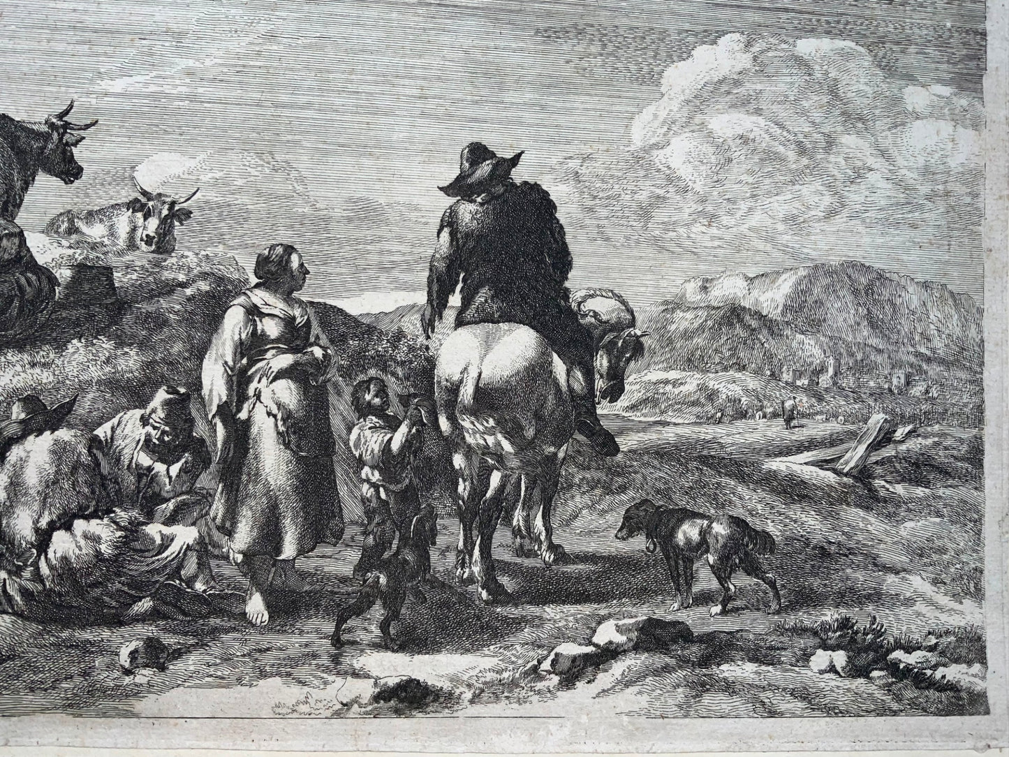 1670c Berchem, grande eau-forte, cavalier faisant l'aumône à un garçon, art classique