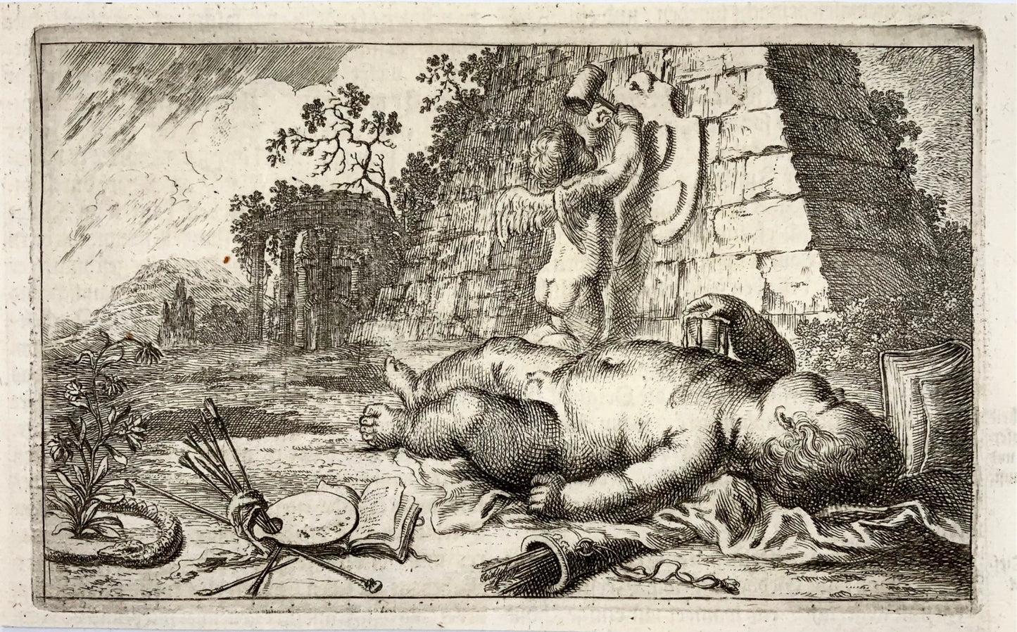 1676 Joh. Sandrart, allegory on art, palette, vignette, copper engraving