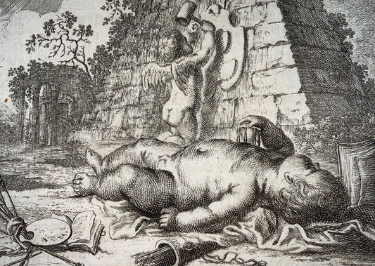1676 Jean. Sandrart, allégorie sur l'art, palette, vignette, gravure sur cuivre