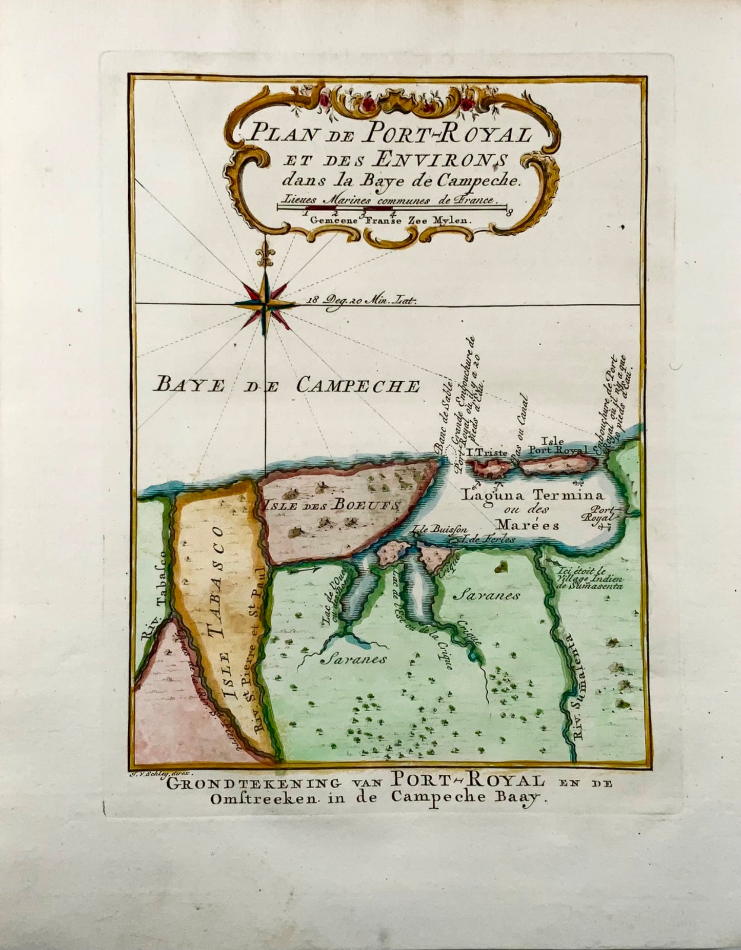 1756 J.N. Bellin; Schley, Mexico, Plan de Port-Royal, hand coloured map