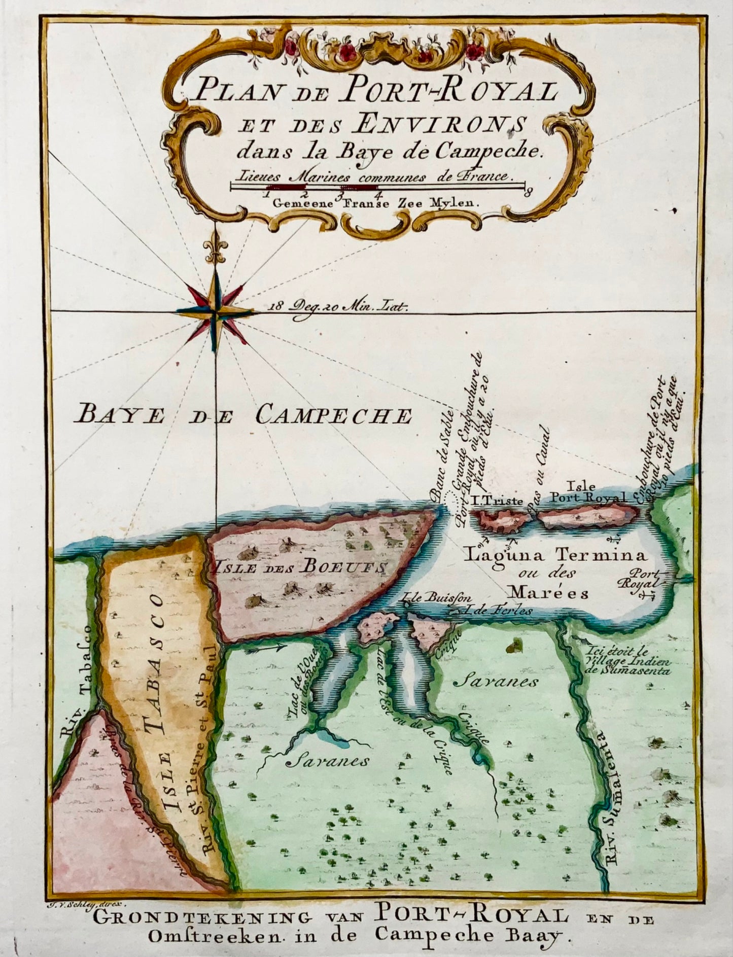1756 JN Bellin; Schley, Mexique, Plan de Port-Royal, carte colorée à la main