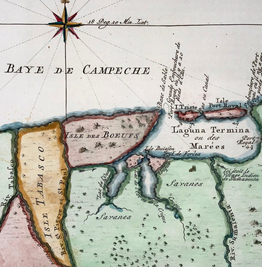 1756 JN Bellin; Schley, Mexique, Plan de Port-Royal, carte colorée à la main