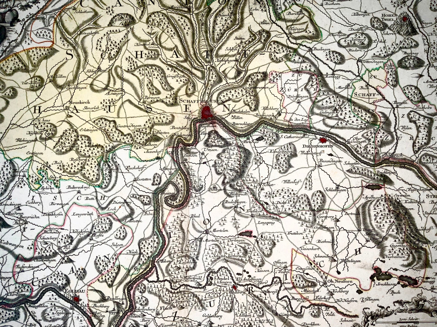 1750 Schaffhouse, Seutter, carte grande et détaillée Suisse