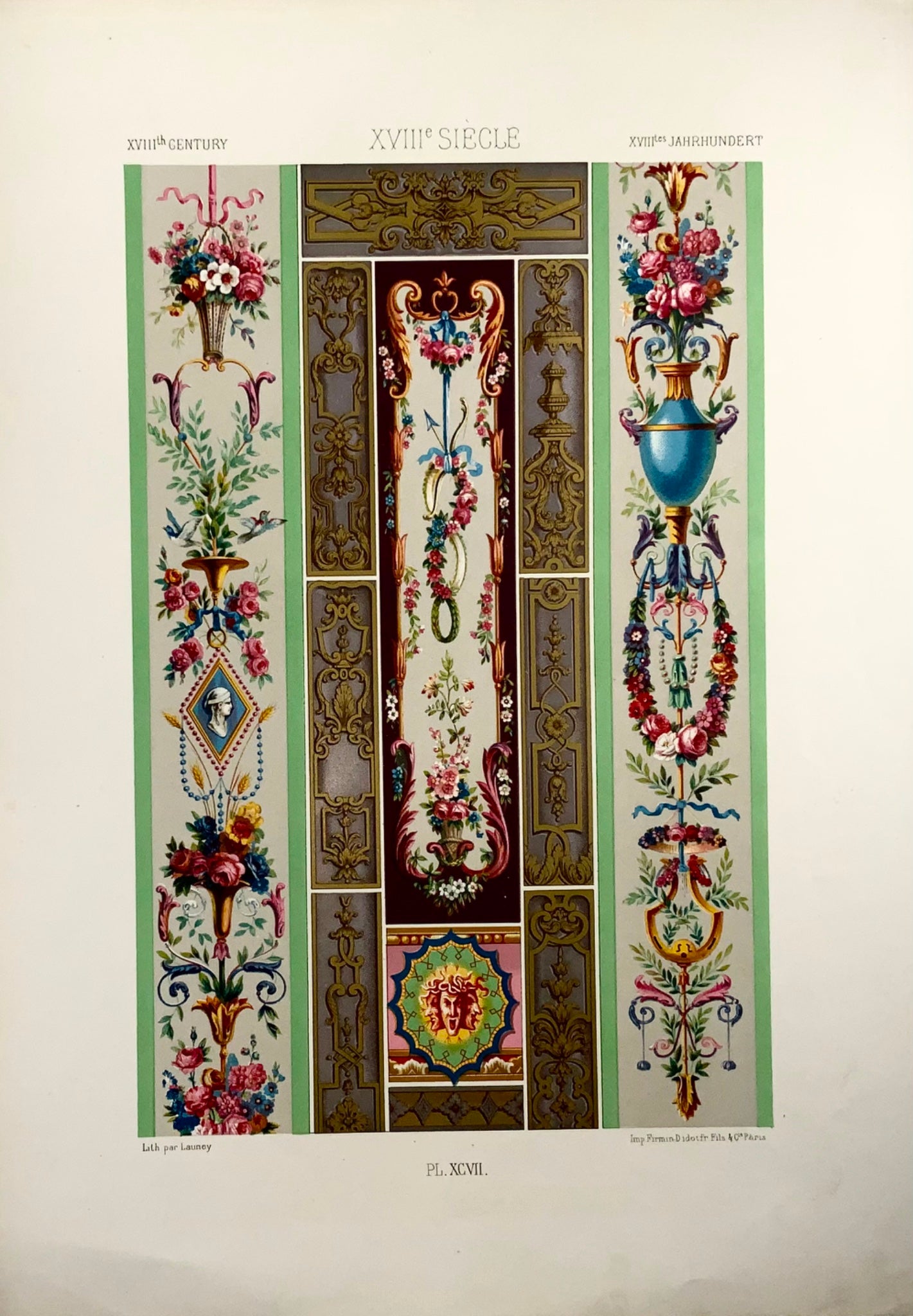 1869 Conception murale rococo, Launey, grand folio, chromolithographie, intérieur, architecture