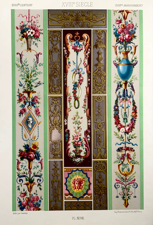 1869 Conception murale rococo, Launey, grand folio, chromolithographie, intérieur, architecture