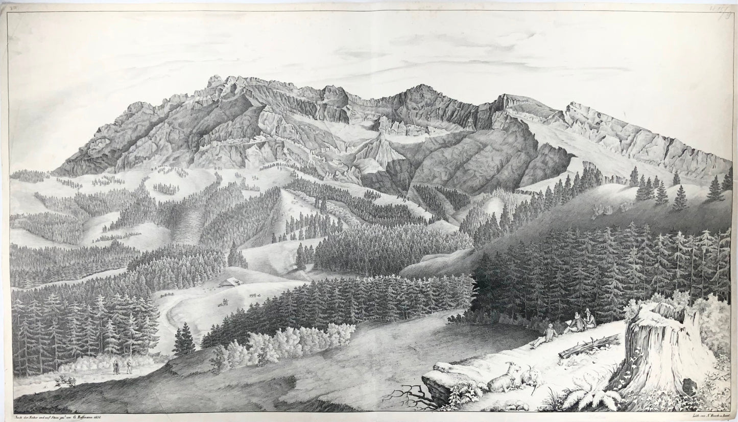 1836 Pilatus, panorama alpin, G. Hoffmann, immense lithographie en pierre, Suisse